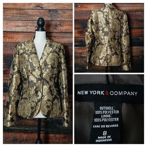 New York & Company Blazer Jacket 8 Brown Gold Jacquard